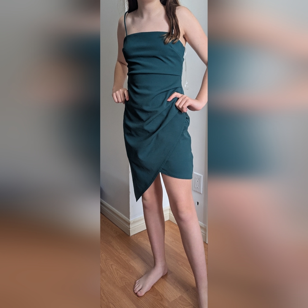 Blue Blush Asymmetrical Ruched Sheath Dress